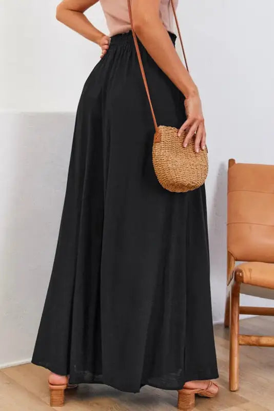 Black drawstring smocked high waist wide leg pants - bottoms