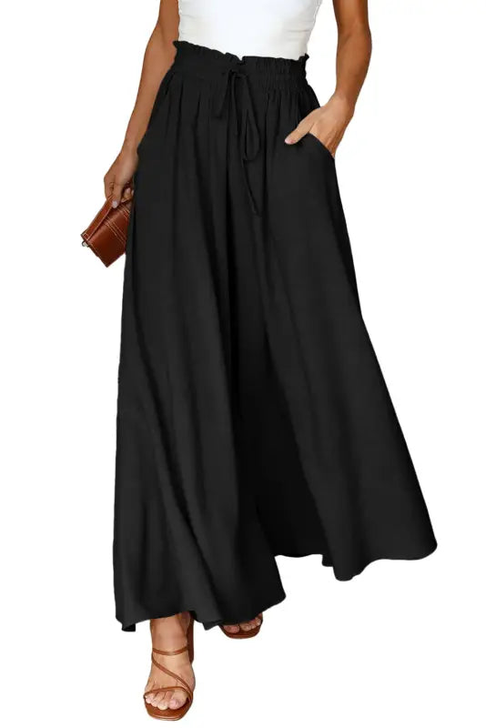 Black drawstring smocked high waist wide leg pants - bottoms