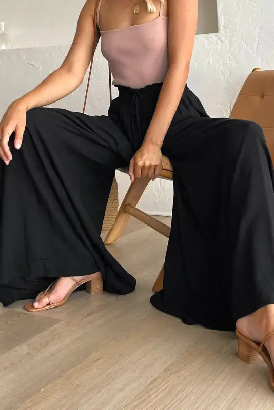 Black drawstring smocked high waist wide leg pants - bottoms