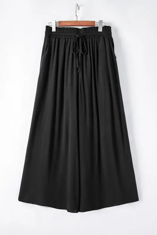 Black drawstring smocked high waist wide leg pants - bottoms