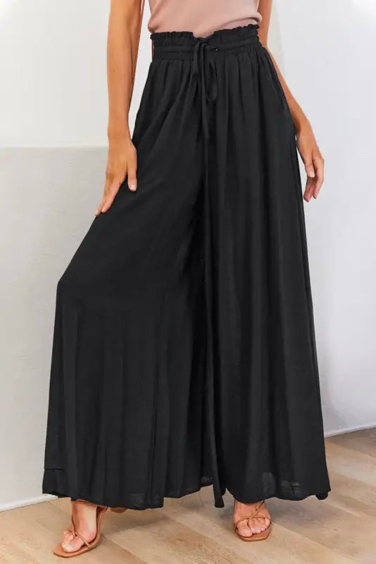 Black drawstring smocked high waist wide leg pants - bottoms