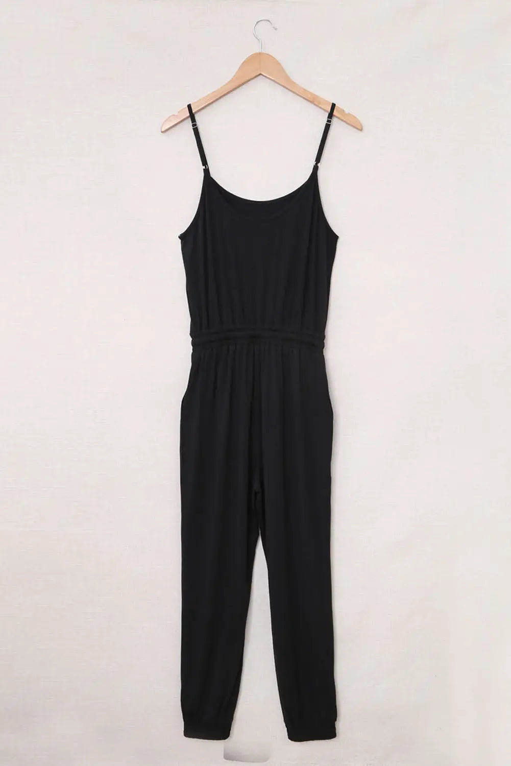 Black drawstring waist spaghetti straps jumpsuit - jumpsuits & rompers