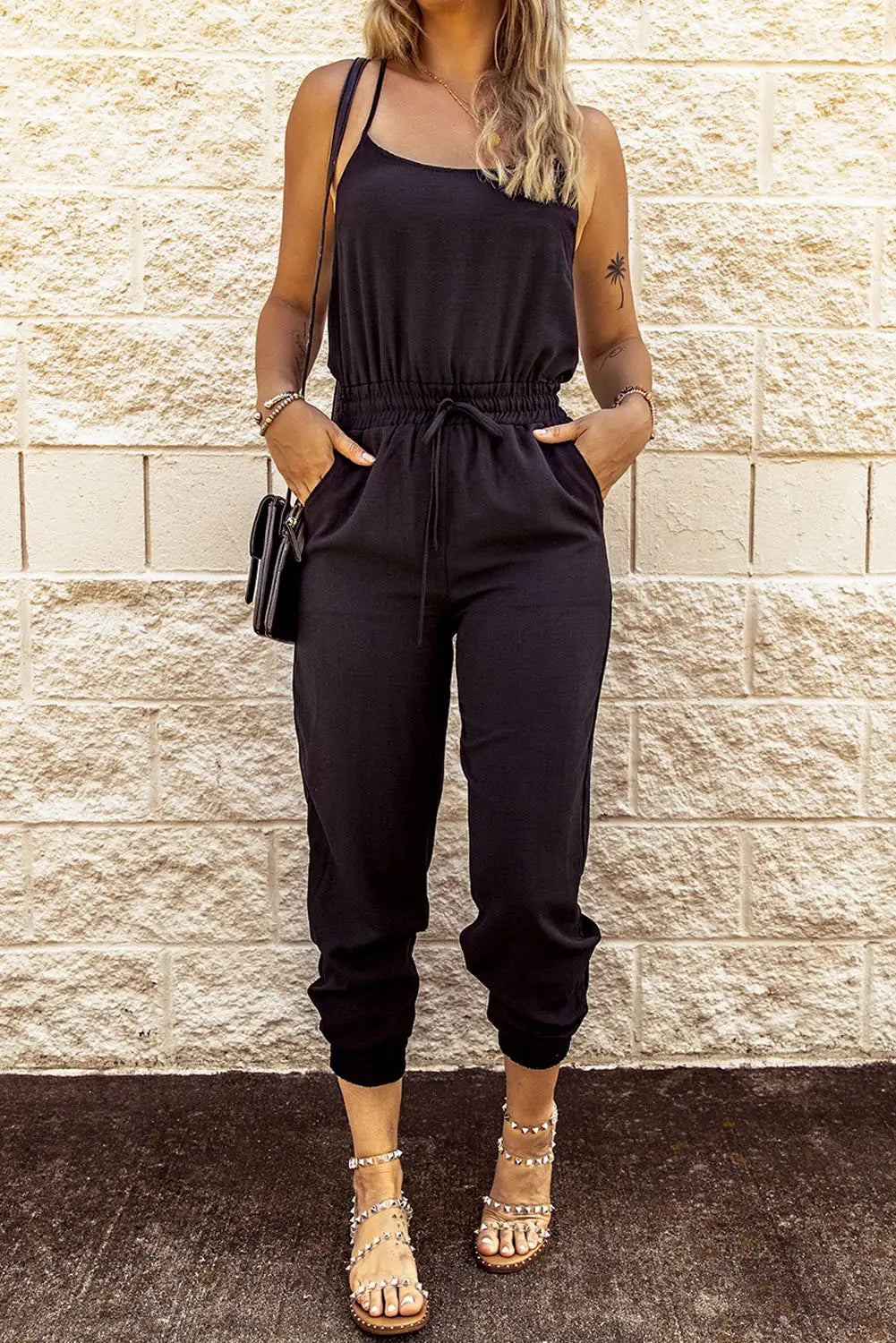 Black drawstring waist spaghetti straps jumpsuit - s / 95% polyester + 5% elastane - jumpsuits & rompers