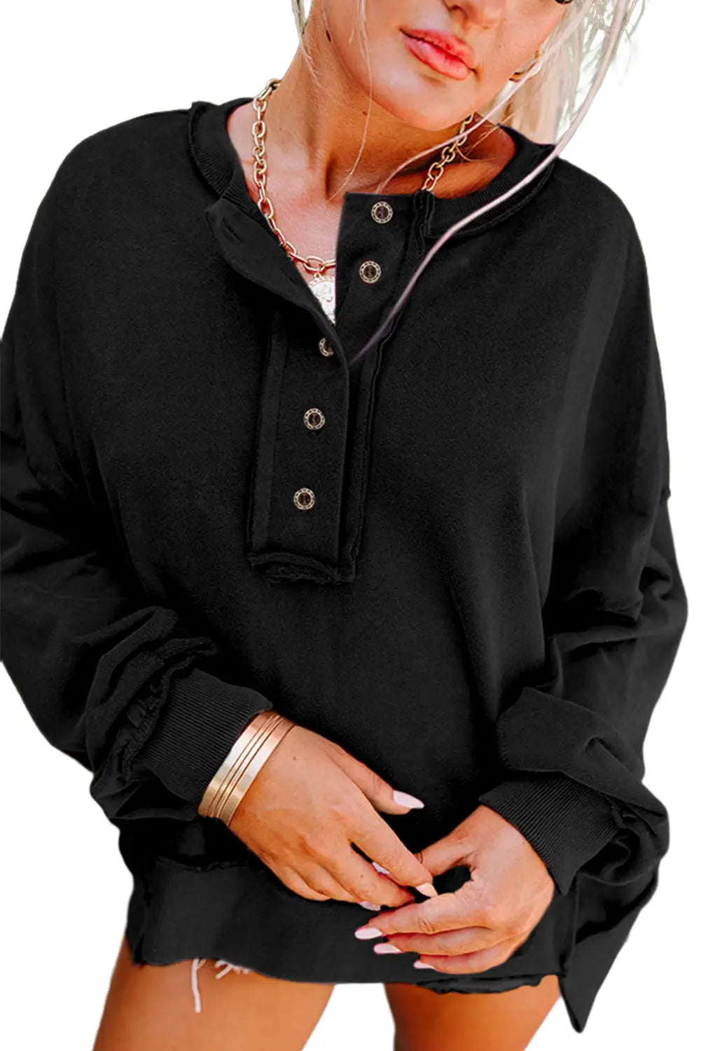 Black drop shoulder henley buttons sweatshirt - sweatshirts & hoodies