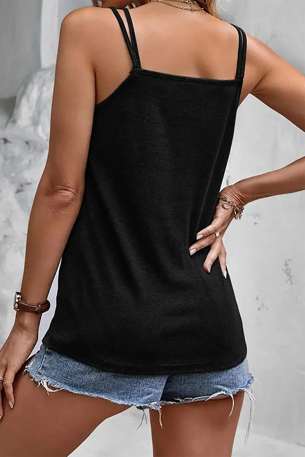 Black dual straps notched neck knit tank top - tops