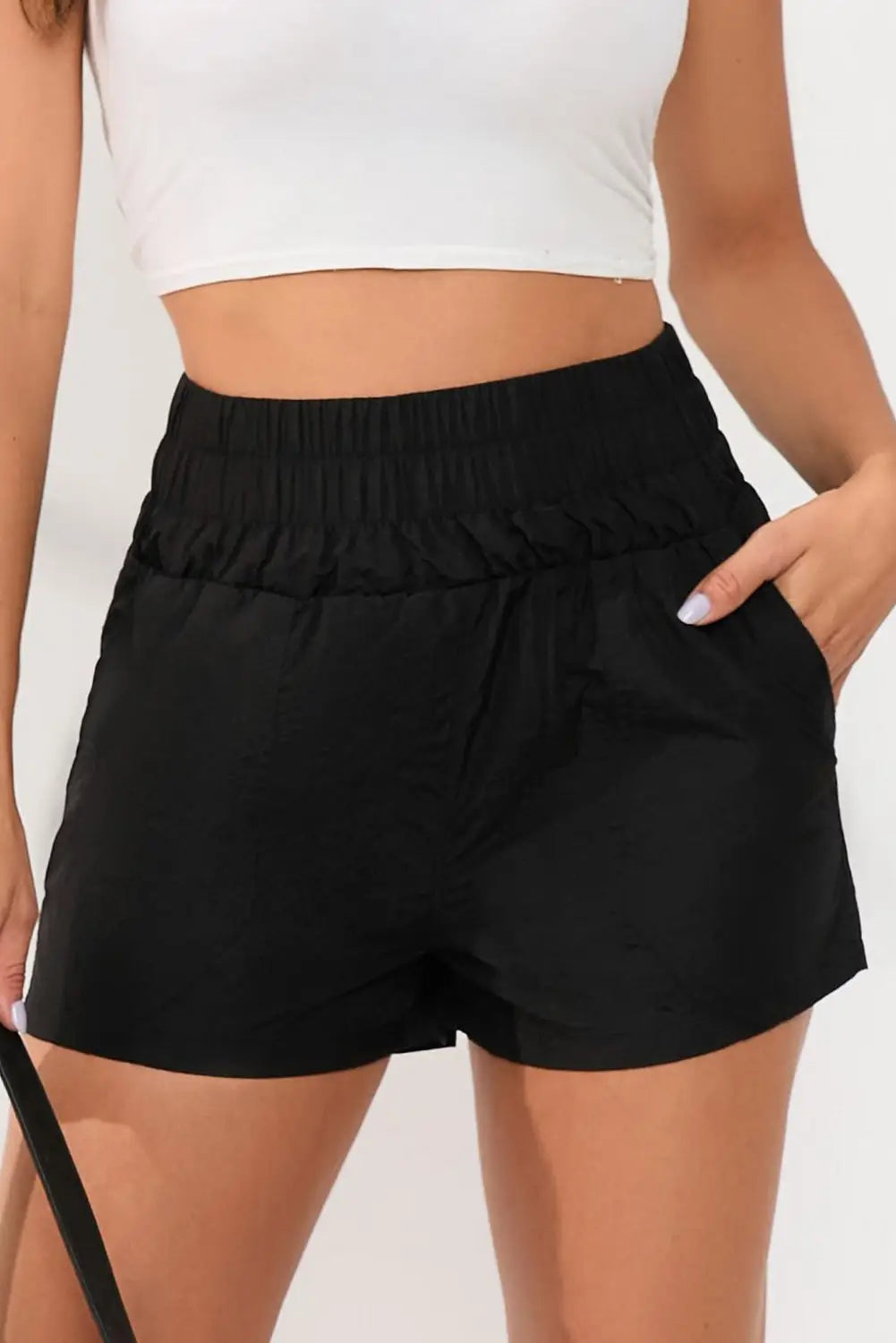 Black elastic high waist side pockets shorts - s / 100% polyamide