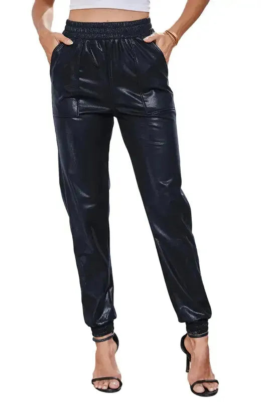 Black Elastic Waist Pebble Joggers - Fashionfitz