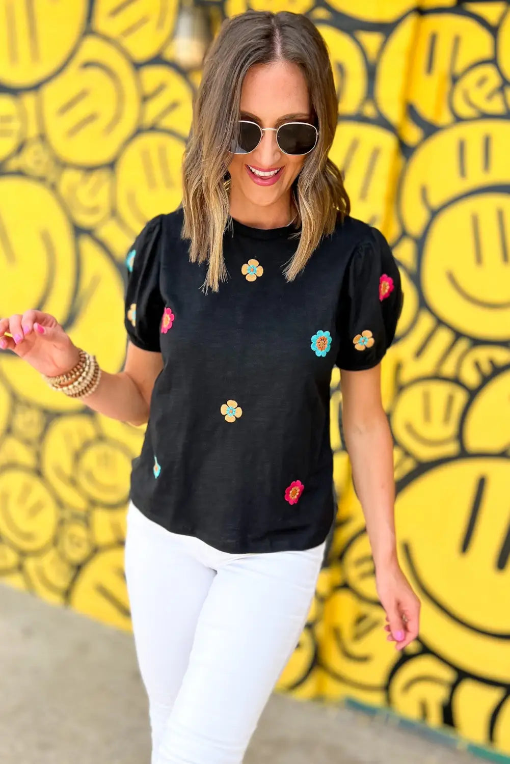 Black embroidered flower short puff sleeve tee - t-shirts