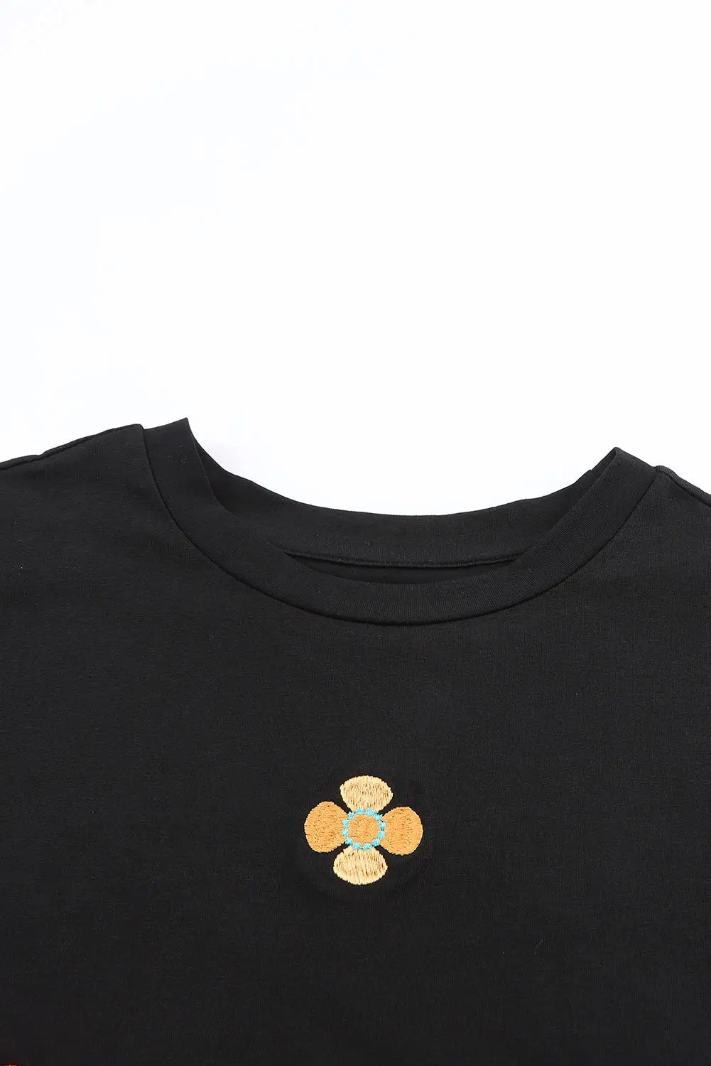 Black embroidered flower short puff sleeve tee - t-shirts