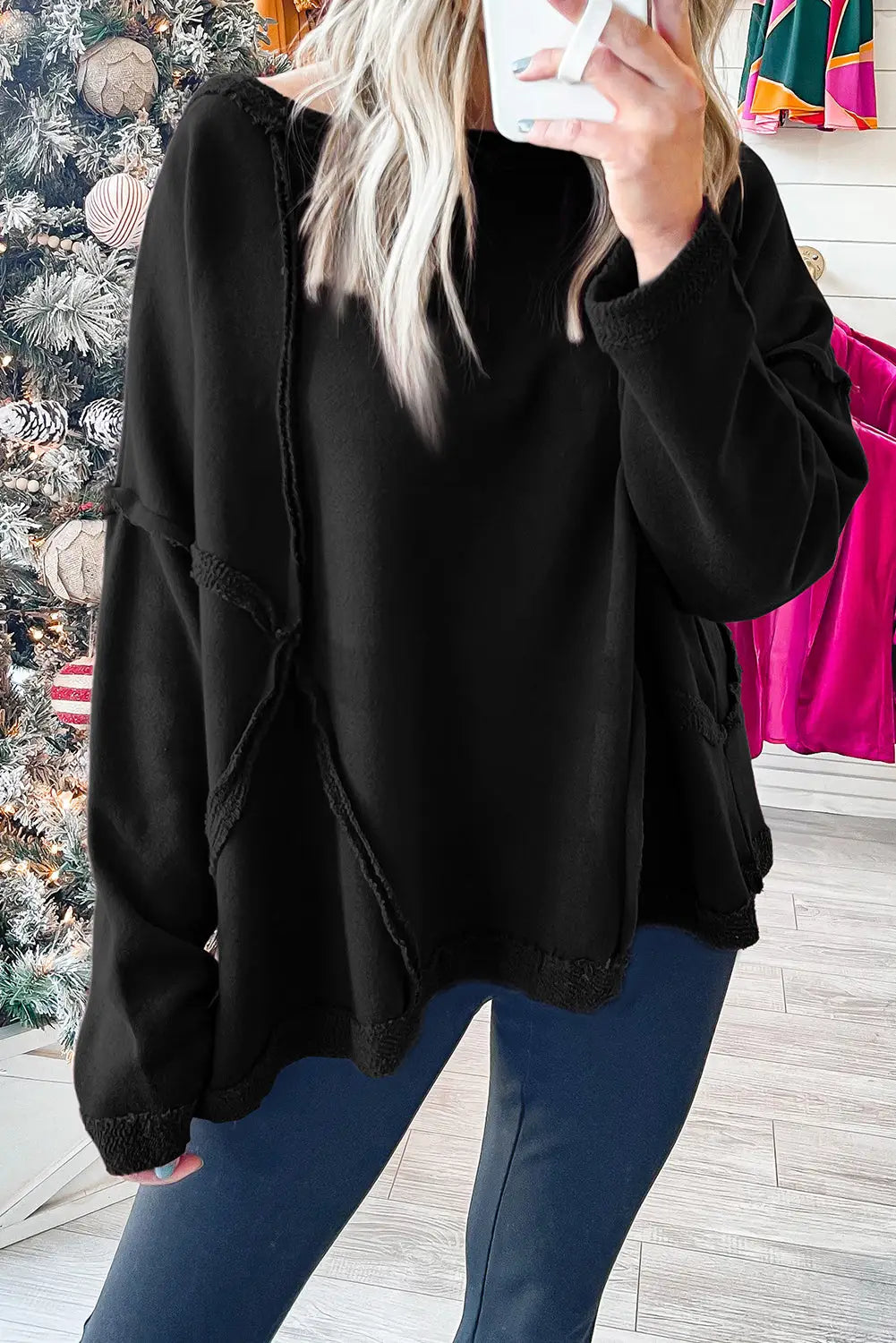 Black exposed seam drop shoulder raw hem oversized sweatshirt - s / 65% polyester + 35% cotton - sweatshits & hoodies