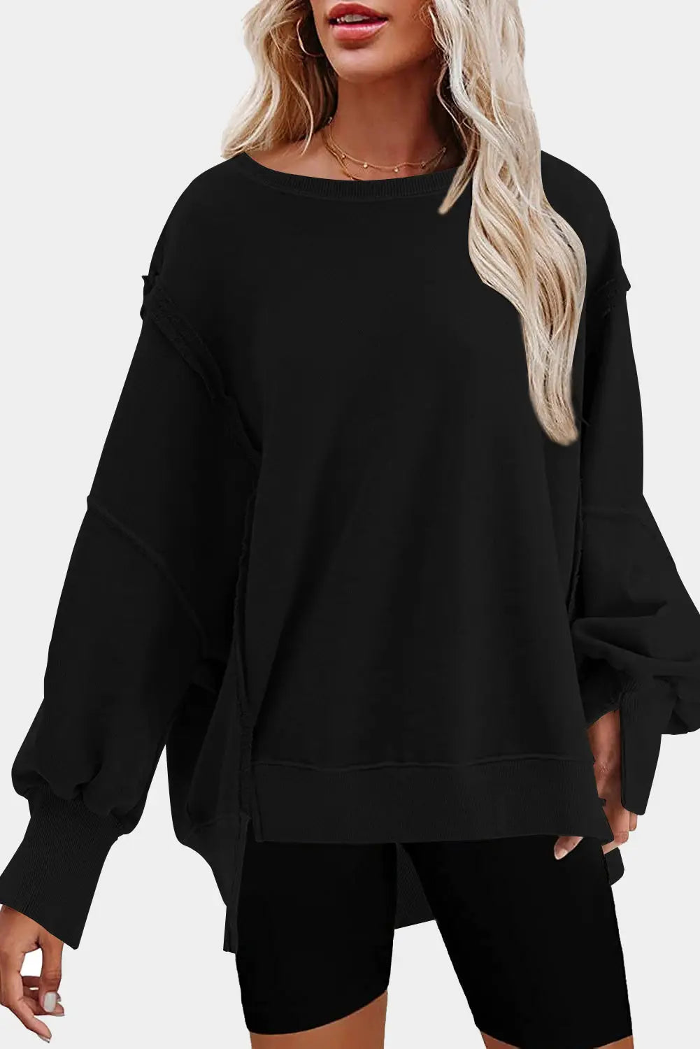 Black exposed seam drop shoulder slit high low hem sweatshirt - 2xl / 80% cotton + 20% polyester - sweatshits & hoodies