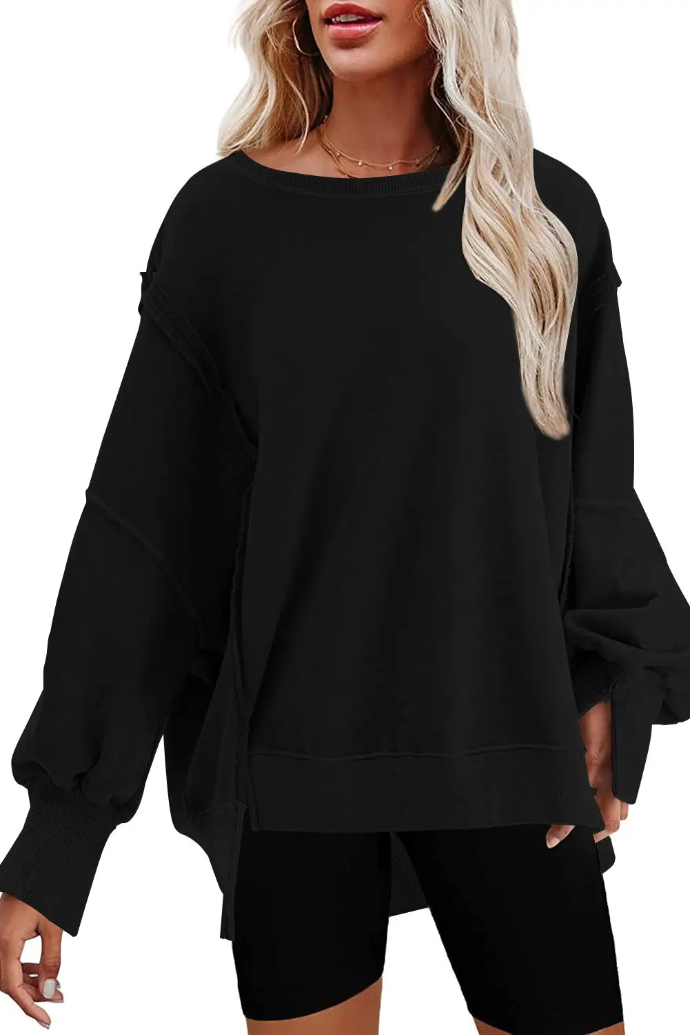 Black exposed seam drop shoulder slit high low hem sweatshirt - sweatshits & hoodies