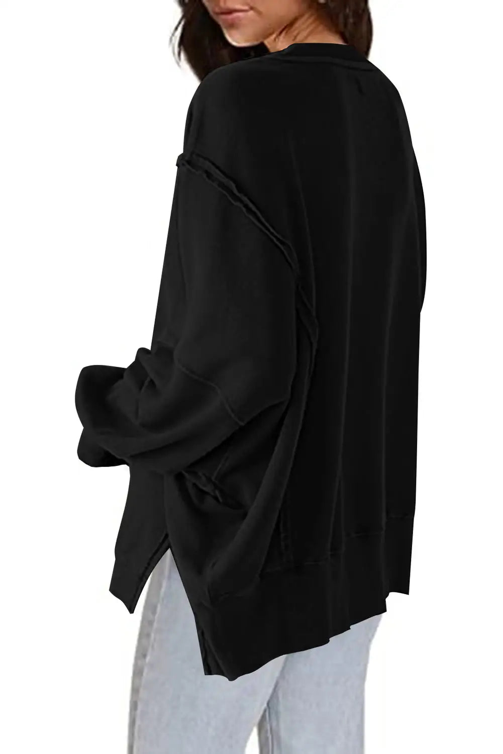 Black exposed seam drop shoulder slit high low hem sweatshirt - sweatshits & hoodies