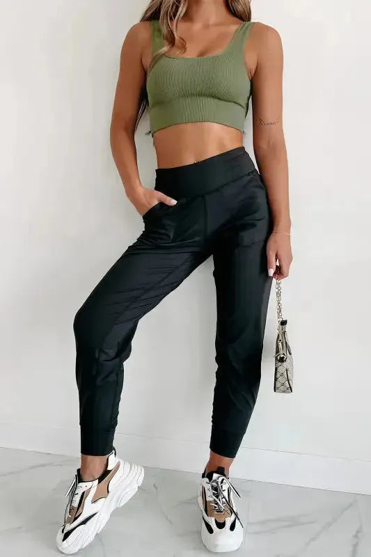 Black Exposed Seam High Waist Joggers - Fashionfitz