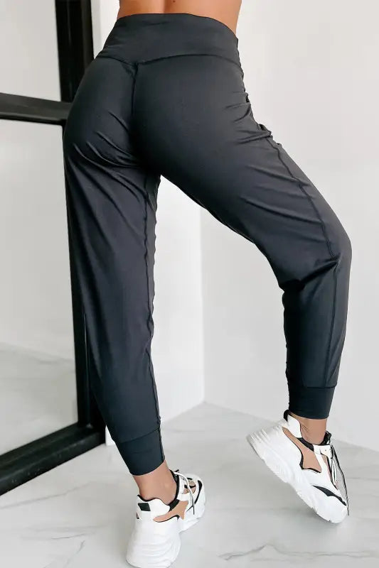 Black exposed seam high waist joggers