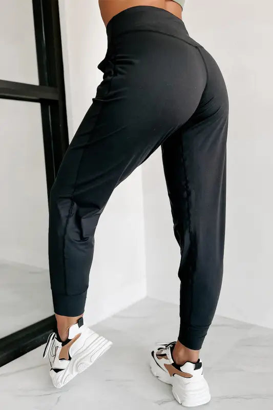 Black exposed seam high waist joggers