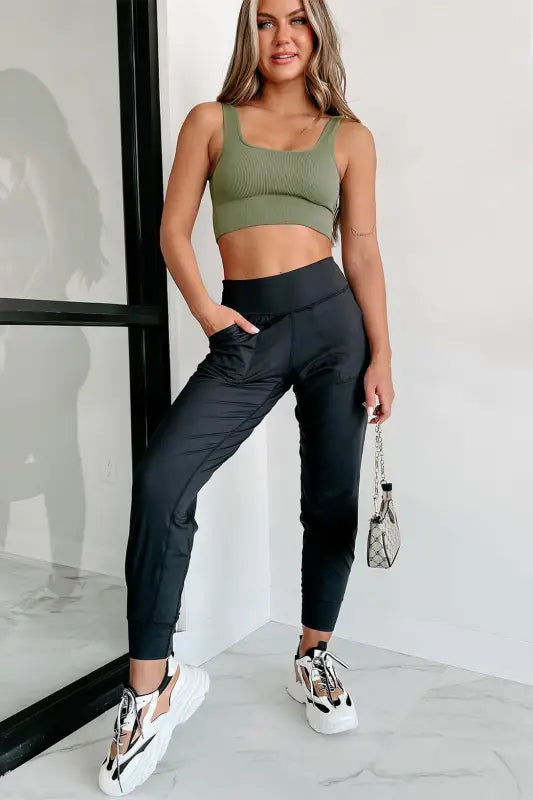 Black exposed seam high waist joggers