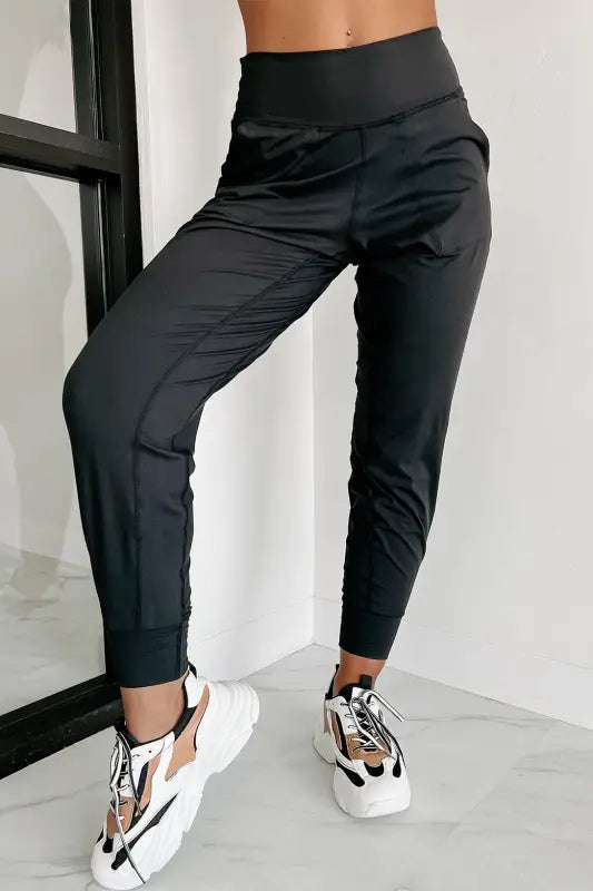 Black exposed seam high waist joggers