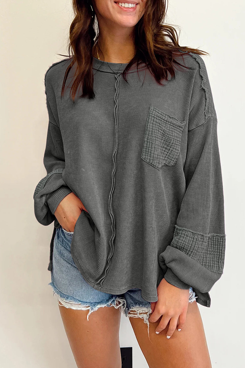 Black exposed seam patchwork bubble sleeve waffle knit top - gray / 2xl / 62.7% polyester + 37.3% cotton - tops