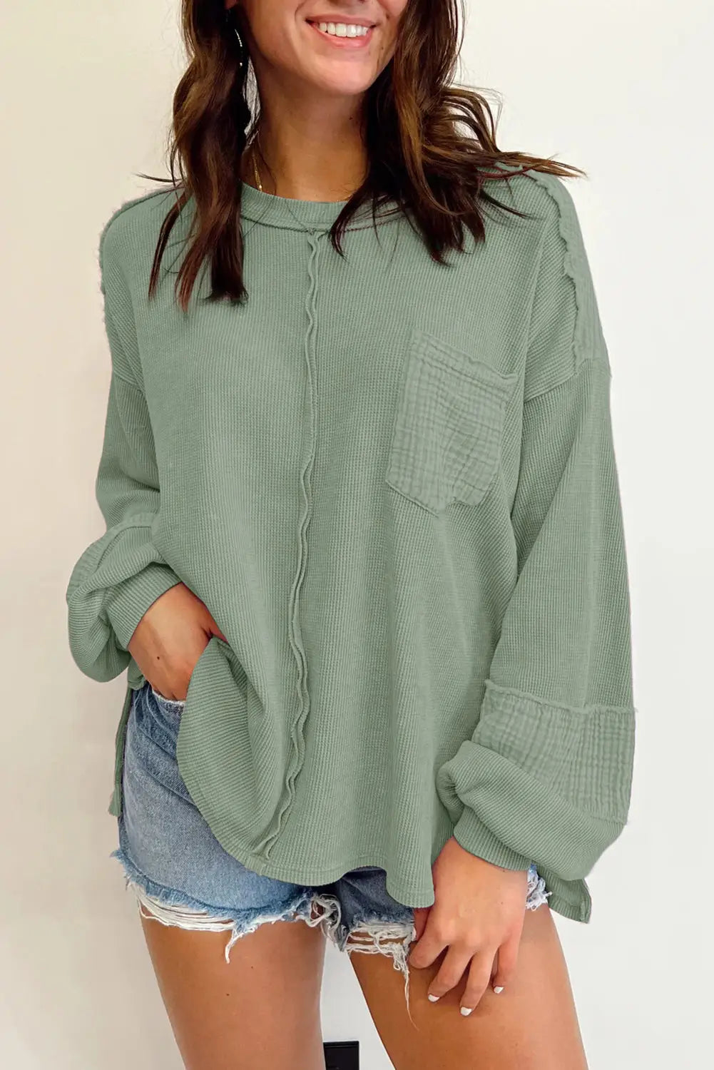 Black exposed seam patchwork bubble sleeve waffle knit top - laurel green / 2xl / 62.7% polyester + 37.3% cotton - tops