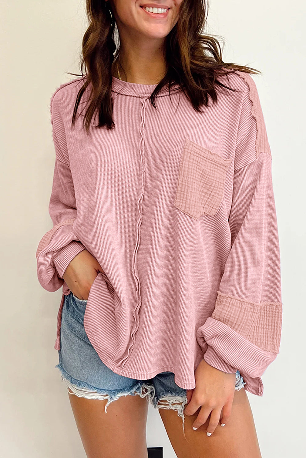 Black exposed seam patchwork bubble sleeve waffle knit top - pink / 2xl / 62.7% polyester + 37.3% cotton - tops