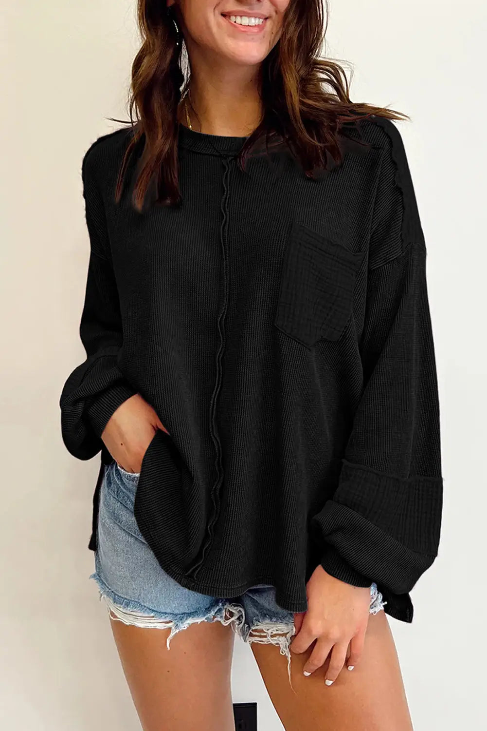 Black exposed seam patchwork bubble sleeve waffle knit top - s / 62.7% polyester + 37.3% cotton - tops