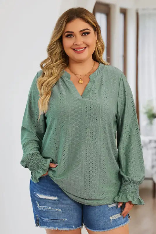 Black eyelet jacquard split neck flounce sleeve plus size blouse - green / 1x / 95% polyester + 5% elastane