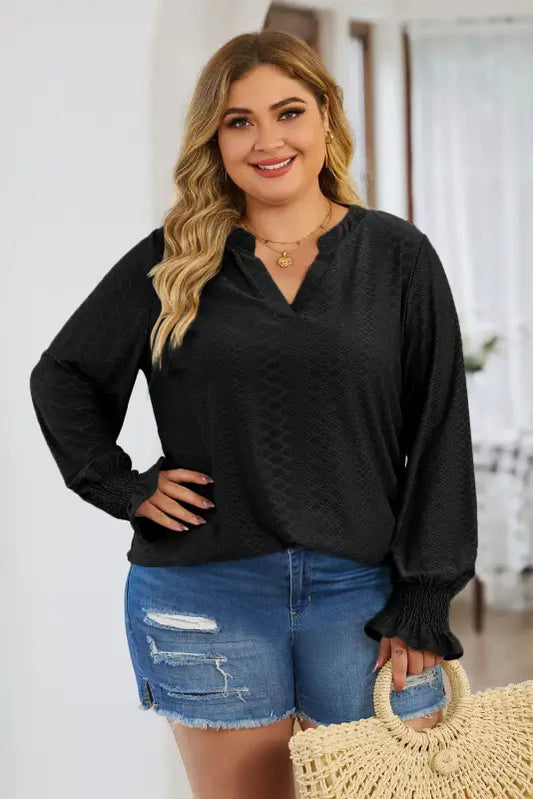 Black eyelet jacquard split neck flounce sleeve plus size blouse - 1x / 95% polyester + 5% elastane