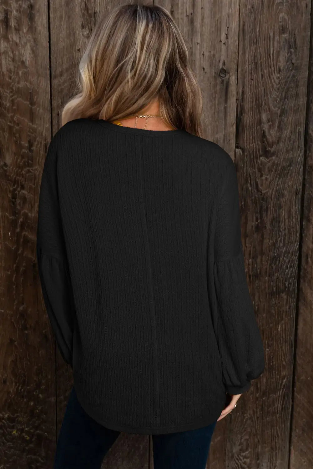 Black faux knit jacquard puffy long sleeve top - tops