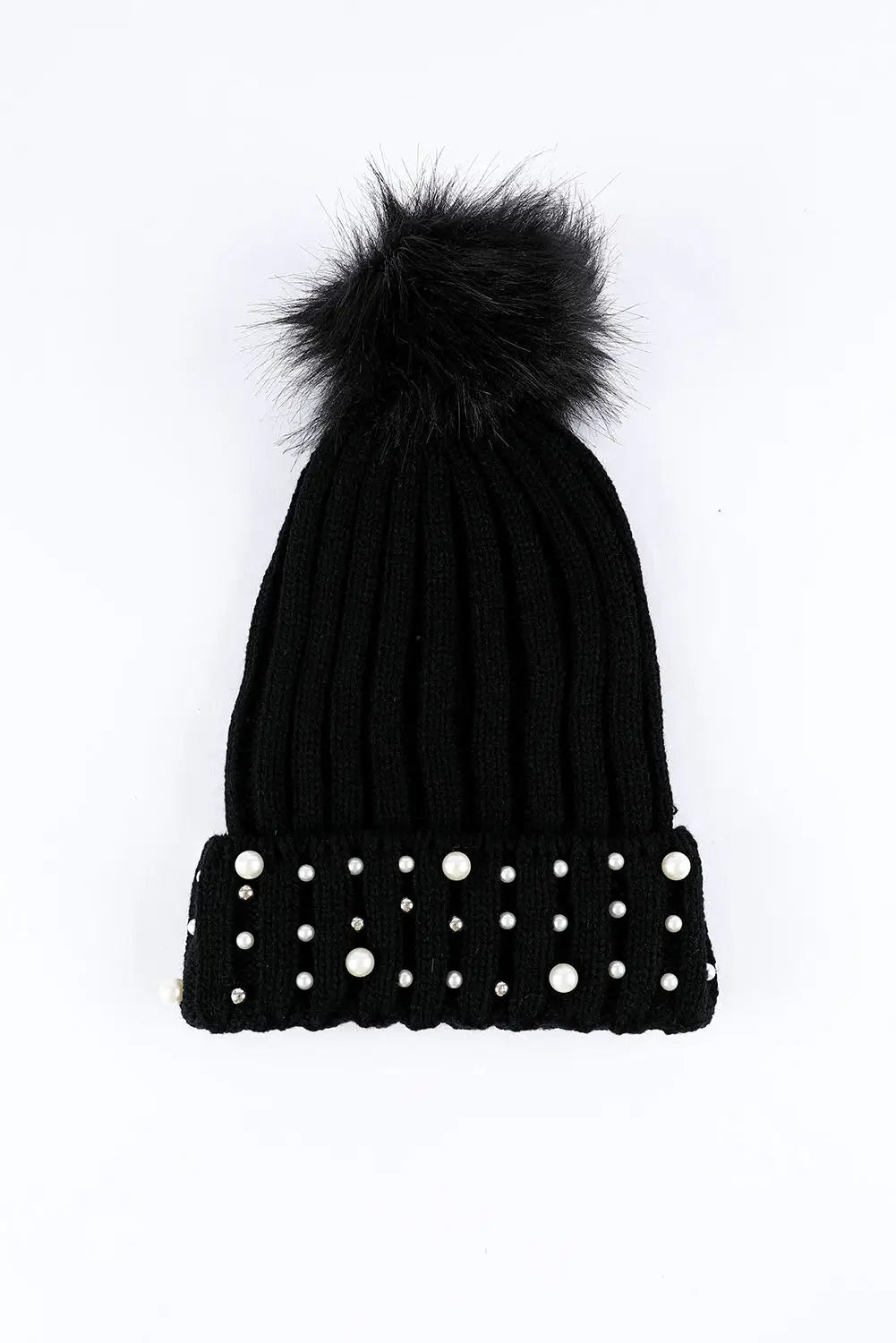 Black faux pearl & pompom decor cuff beanie - one size / 36% polyester + 35% wool + 29% cotton - beanies