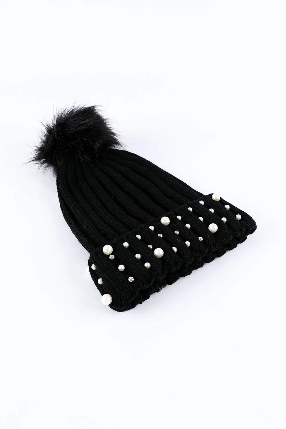 Black faux pearl & pompom decor cuff beanie - one size / 36% polyester + 35% wool + 29% cotton - beanies