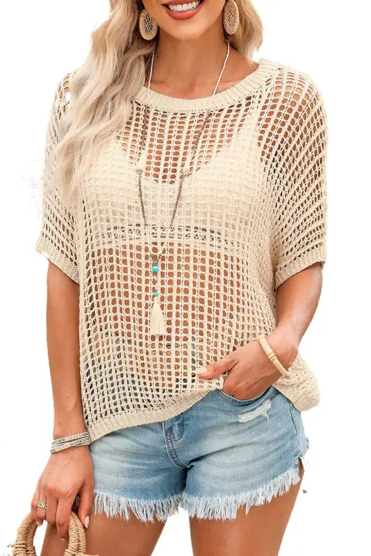 Black fishnet knit ribbed round neck short sleeve sweater