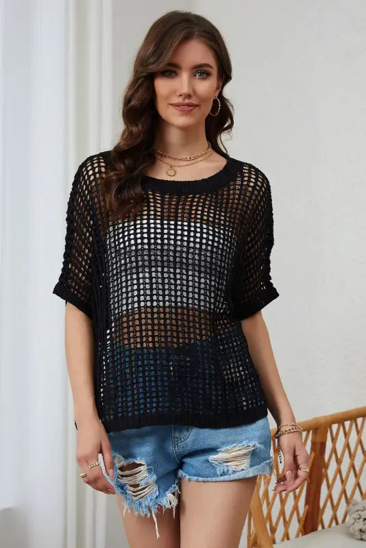 Black fishnet knit ribbed round neck short sleeve sweater