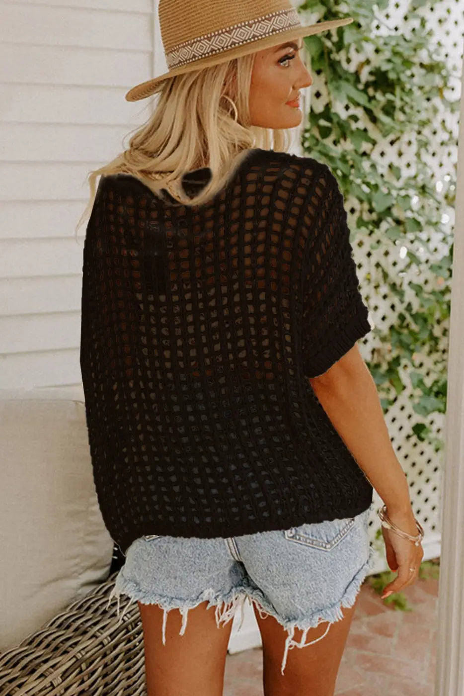 Black fishnet knit ribbed round neck short sleeve sweater tee - t-shirts