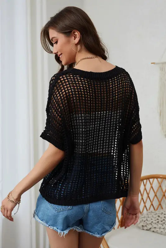 Black fishnet knit ribbed round neck short sleeve sweater