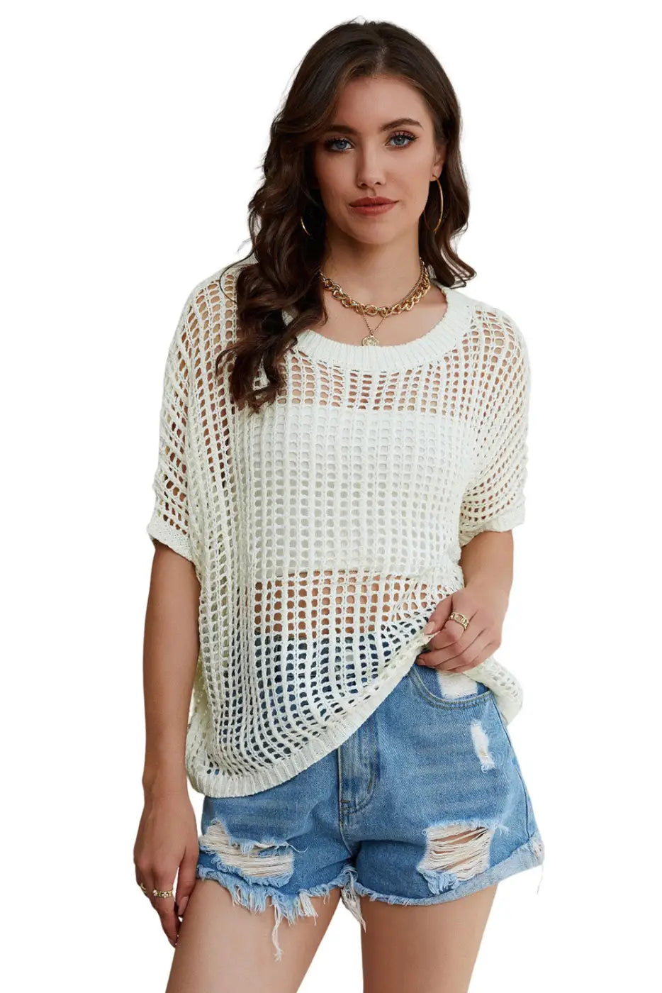 Black fishnet knit ribbed round neck short sleeve sweater tee - t-shirts