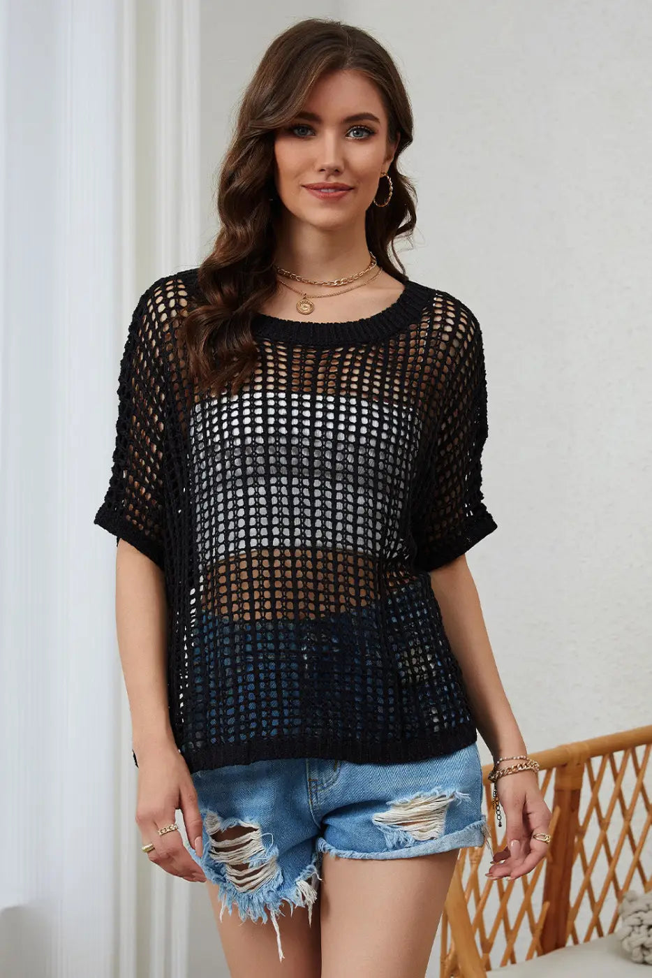 Black fishnet knit ribbed round neck short sleeve sweater tee - t-shirts