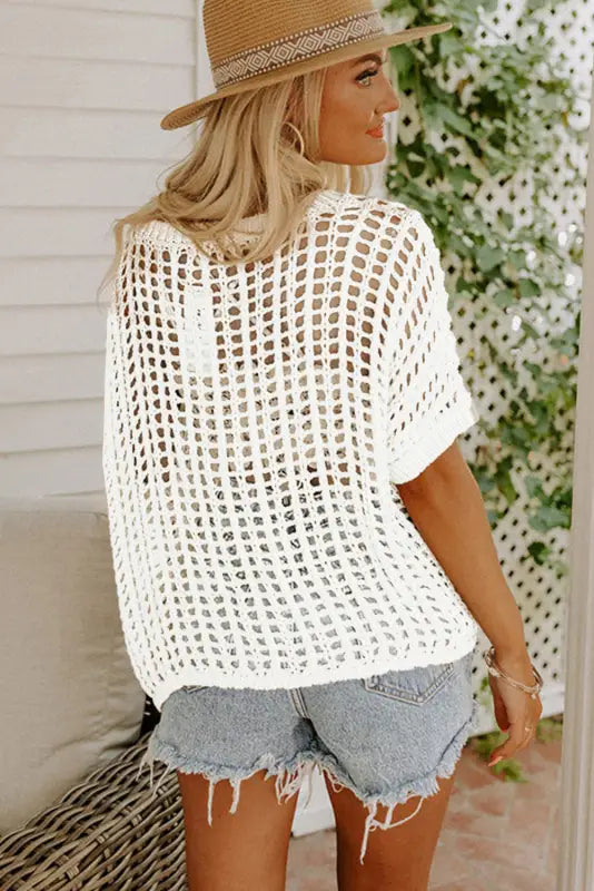 Black fishnet knit ribbed round neck short sleeve sweater