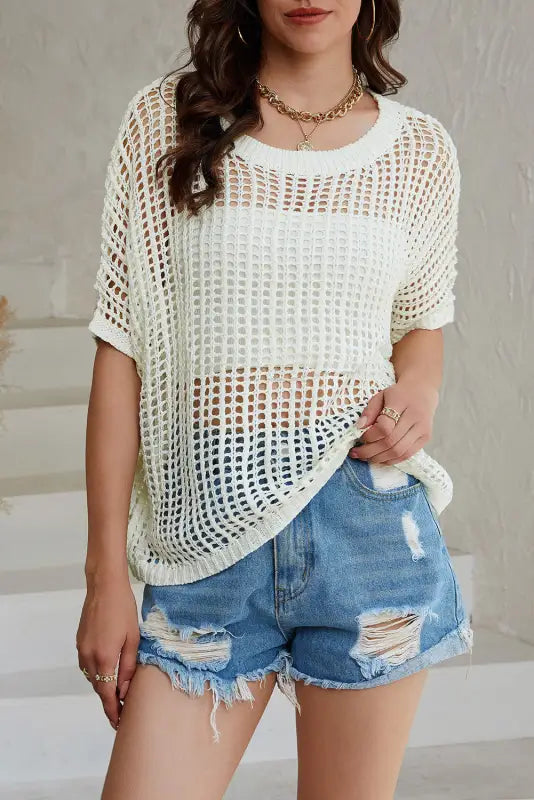 Black fishnet knit ribbed round neck short sleeve sweater