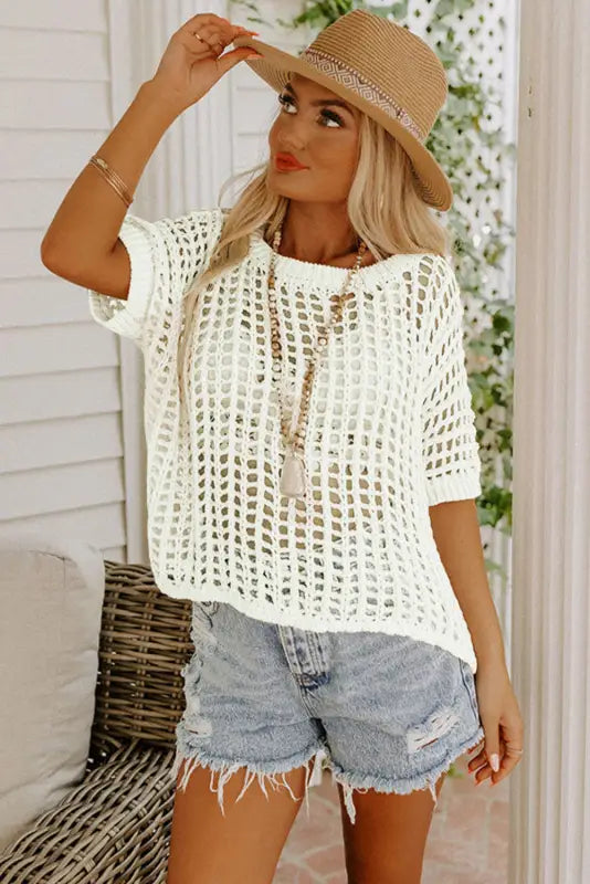 Black fishnet knit ribbed round neck short sleeve sweater