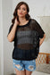 Black fishnet knit ribbed round neck short sleeve sweater