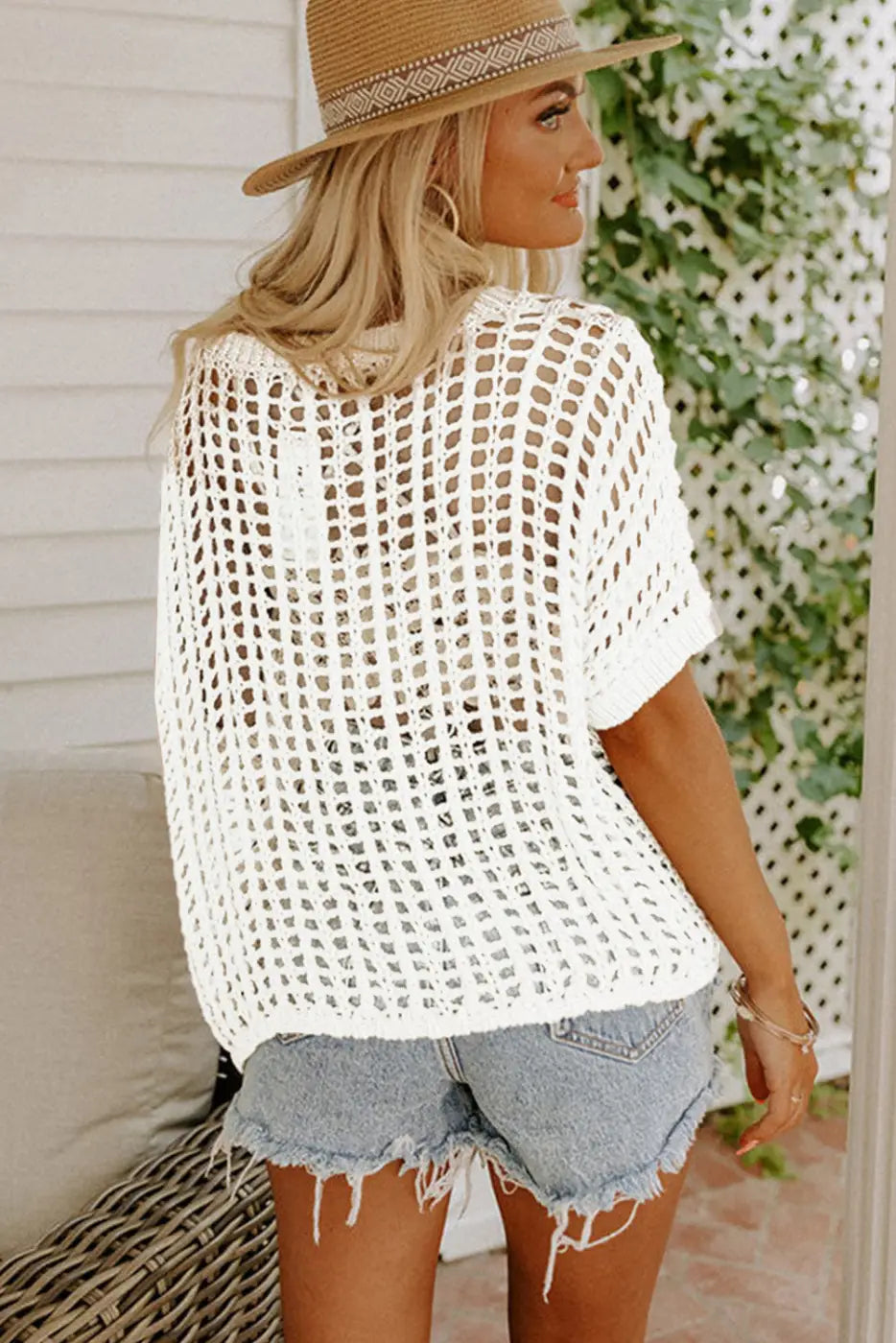 Black fishnet knit ribbed round neck short sleeve sweater tee - t-shirts