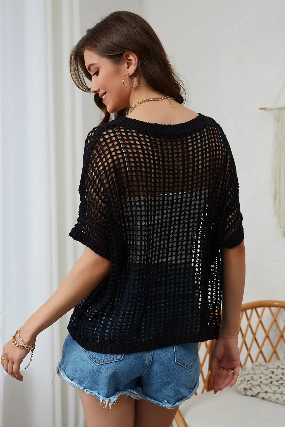 Black fishnet knit ribbed round neck short sleeve sweater tee - t-shirts