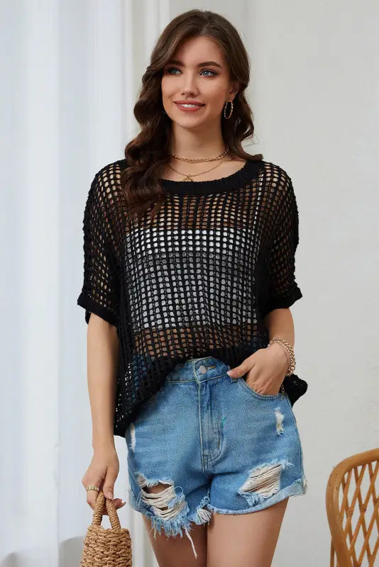 Black fishnet knit ribbed round neck short sleeve sweater