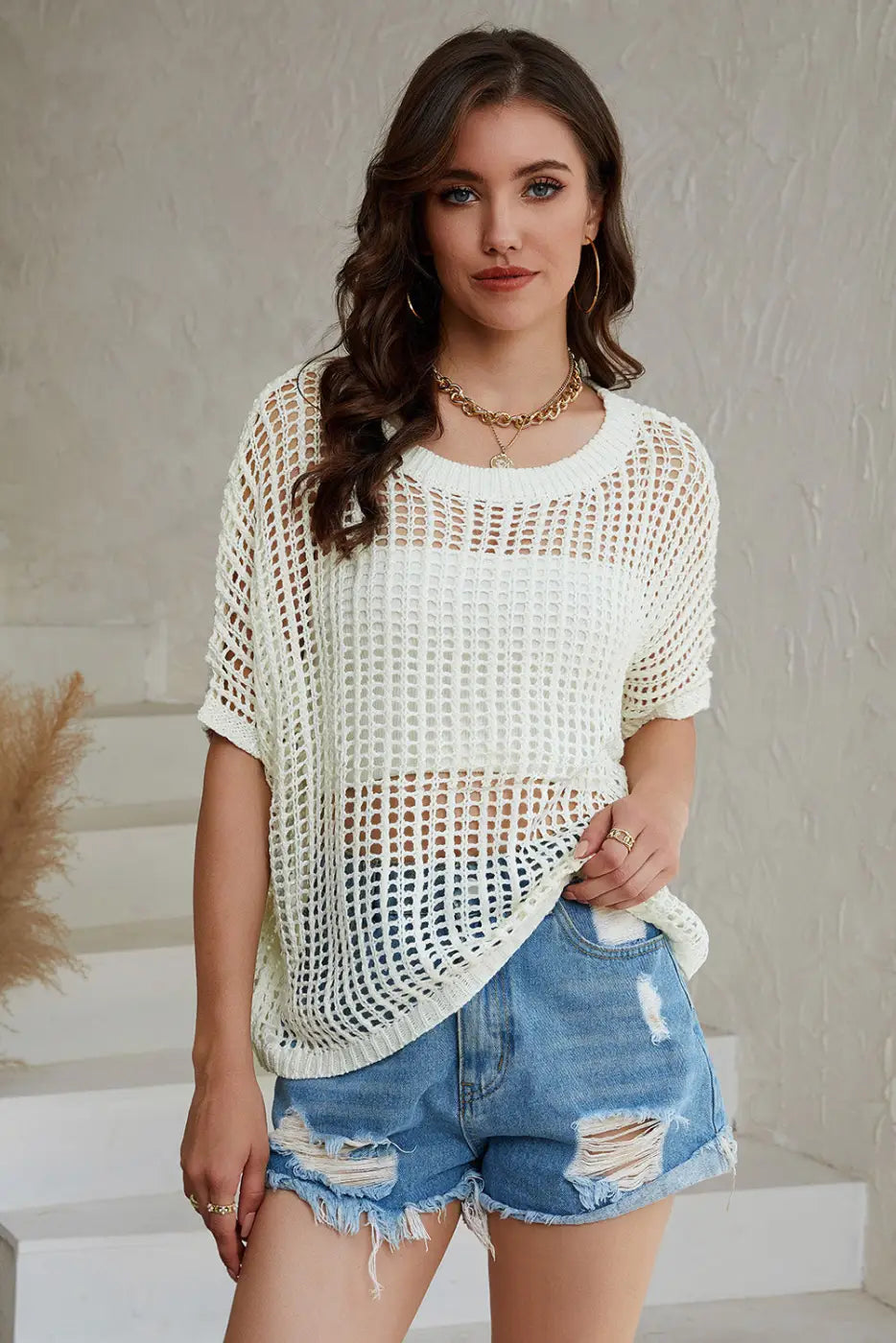 Black fishnet knit ribbed round neck short sleeve sweater tee - t-shirts