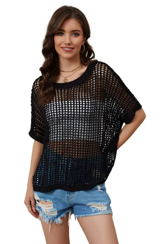 Black fishnet knit ribbed round neck short sleeve sweater