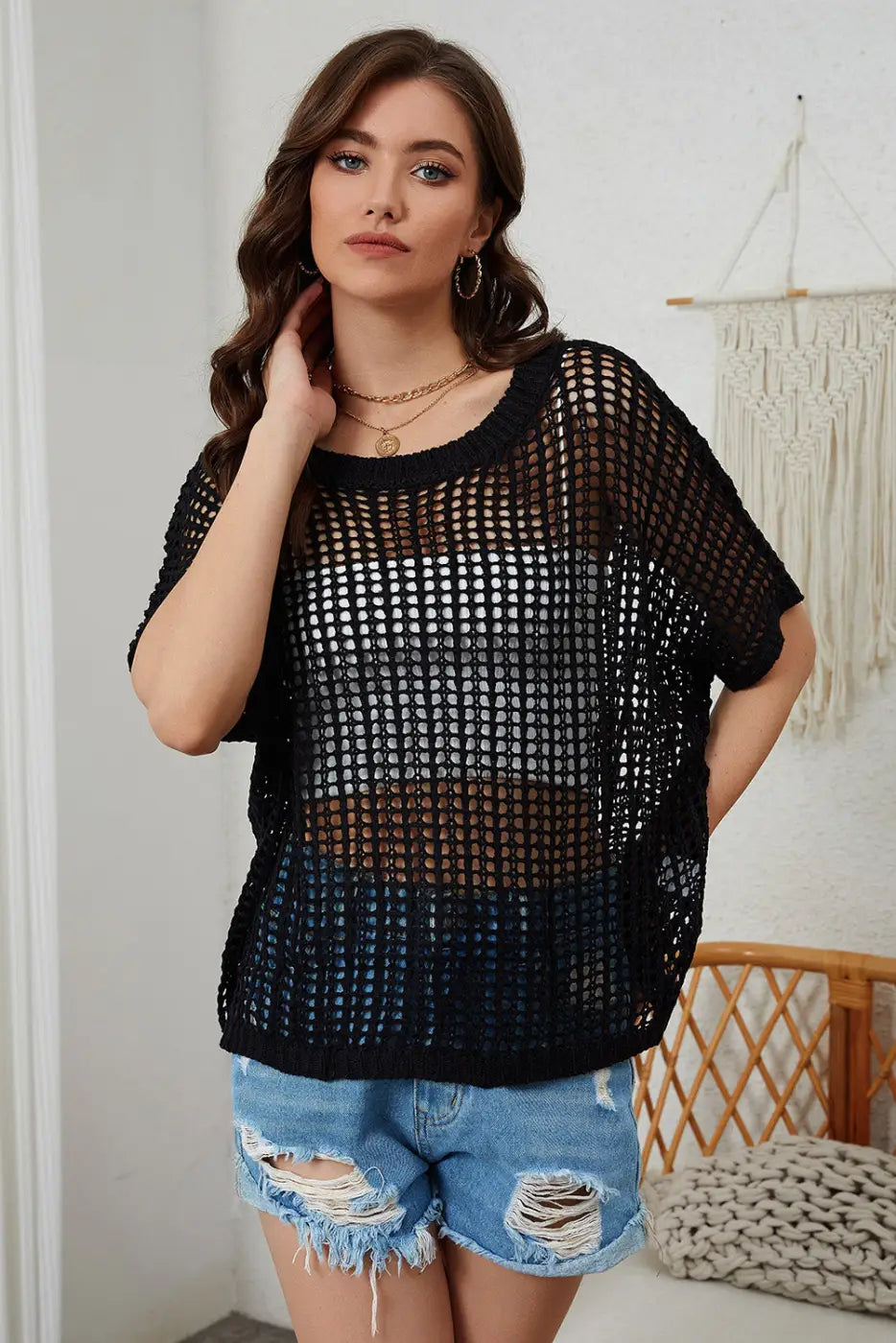 Black fishnet knit ribbed round neck short sleeve sweater tee - t-shirts