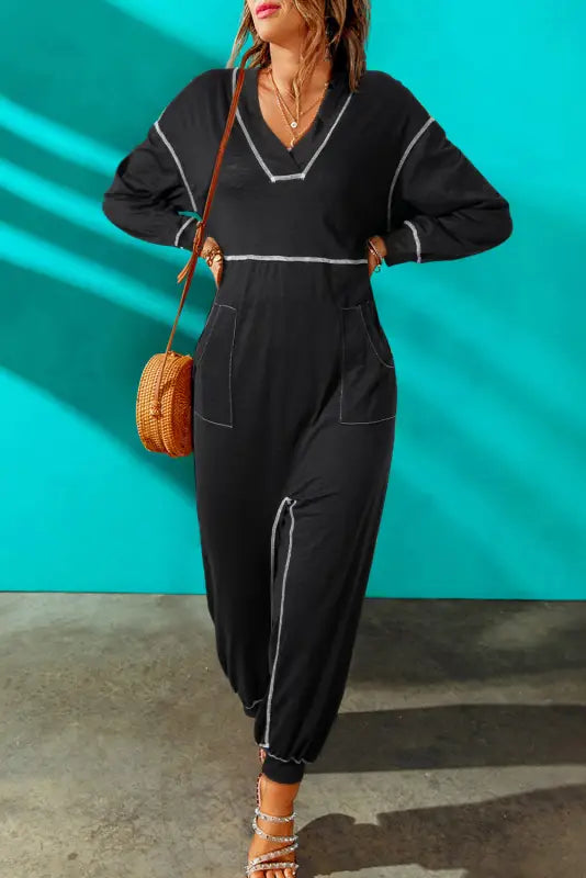 Black flatlock seam detail v neck baggy jumpsuit - bottoms