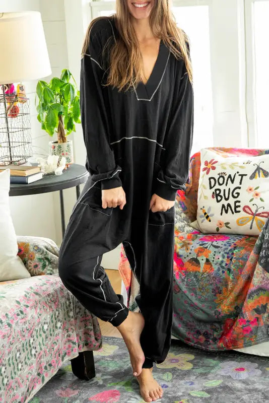 Black flatlock seam detail v neck baggy jumpsuit - s / 62.7% polyester + 37.3% cotton - bottoms