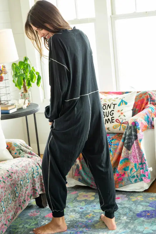 Black flatlock seam detail v neck baggy jumpsuit - bottoms